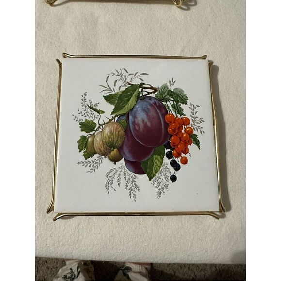 1970 Vintage Fruit Ceramic Tile Framed Artwork Trivets Set of 3 - Picture 4 of 8